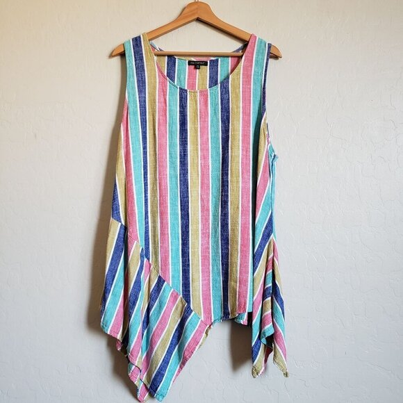 For Cynthia Tops - For Cynthia Rainbow Striped Linen Blend Handkerchief Hem Tunic Top Sz Women's XL